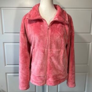 T by Talbots SP Coral Pink Fleece Zip Up Jacket Coat Soft Cozy Womens